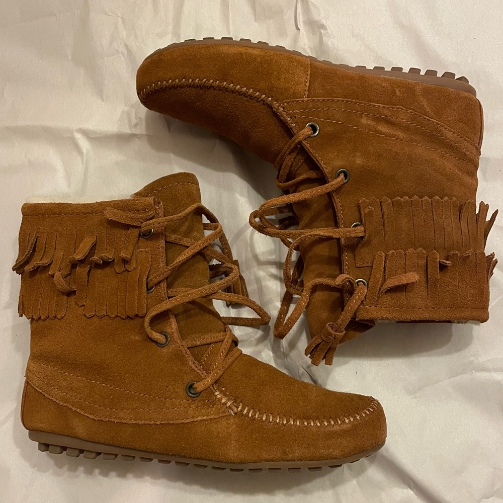 Minnetonka for J. Crew Double Fringe Suede Fur Lined Ankle Boots